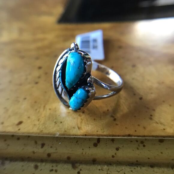 Kingman Turquoise Sterling Silver Feather Ring Size 6 - Picture 3 of 9
